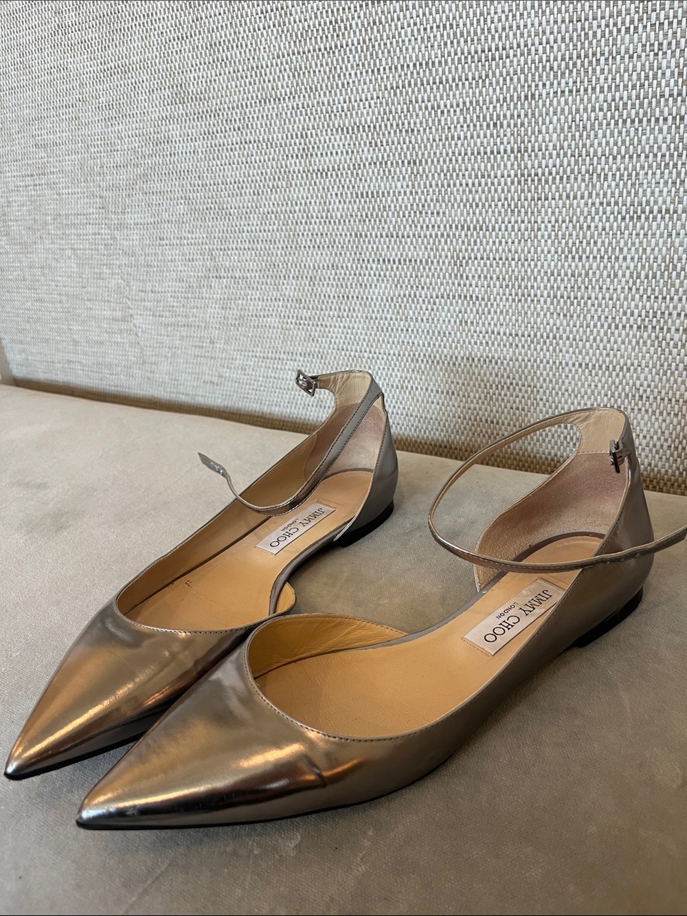 Jimmy Choo Metallic Pointed-Toe Ankle-Strap Flats - Gunmetal 40.5